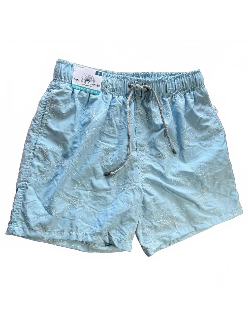 VINTAGE SUMMER blue swim beach shorts trunks 17” length w compression liner NWT
